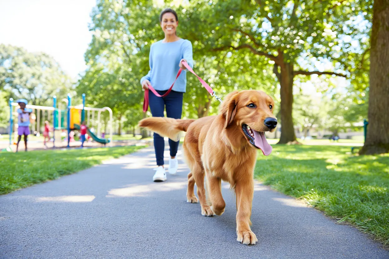 En glad hund på promenad